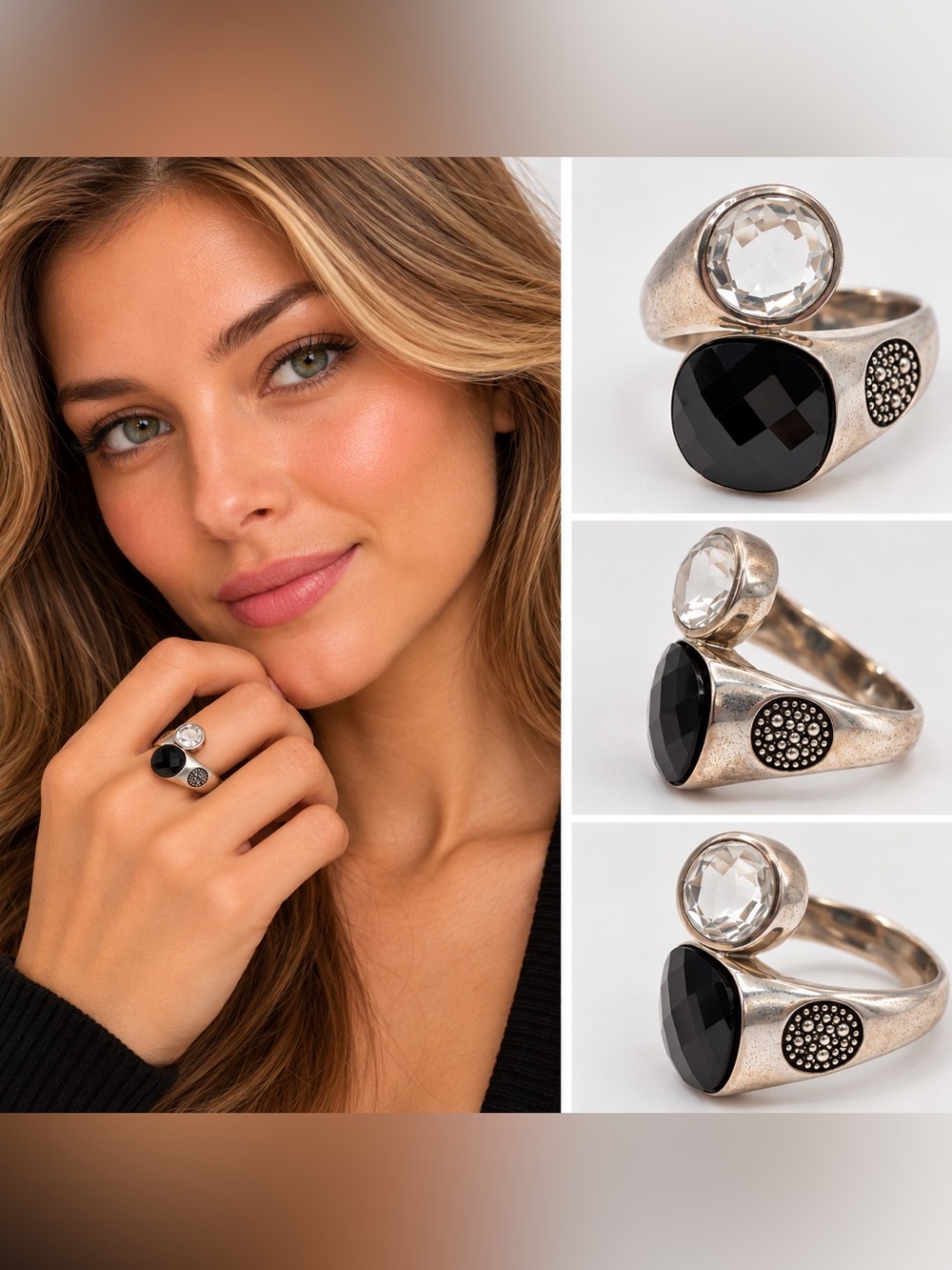 Michael Dawkins 925 Sterling Silver Black & Clear Stone Statement Ring Size 10